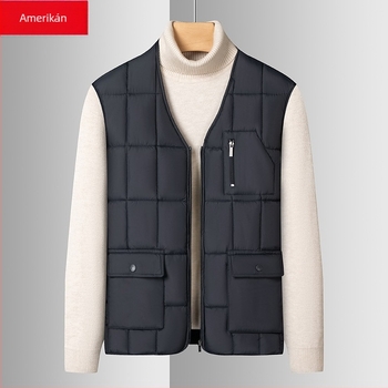 Férfi fleece-béléssel bélelt pamuttöltésű mellény, középhosszú, egyszínű, kapucni nélküli, Hongkong-stílusú
