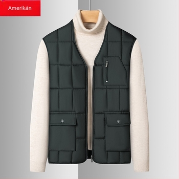 Férfi fleece-béléssel bélelt pamuttöltésű mellény, középhosszú, egyszínű, kapucni nélküli, Hongkong-stílusú