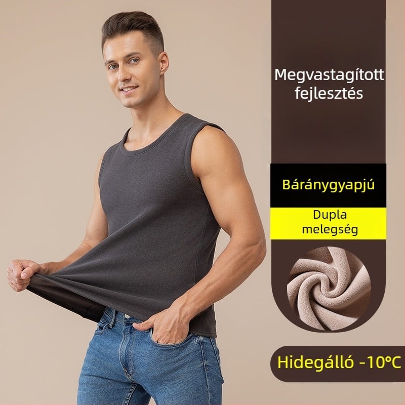 Téli férfi meleg mellény fleece-beléssel, vastag, ujjatlan, alapréteg felső