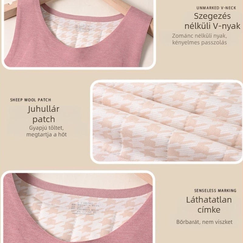 Női gyapjú-selyem patch termo mellény, háromrétegű béléses, V-nyakú, applikációval