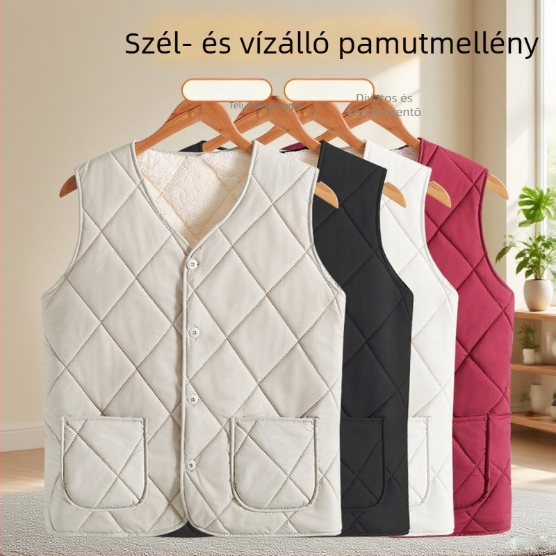 Meleg fleece-ből készült ujjatlan mellény felnőtt nőknek, őszi-téli szezon, szélvédett és meleg, geometriai mintázat, V-nyak, hossz 50-65 cm