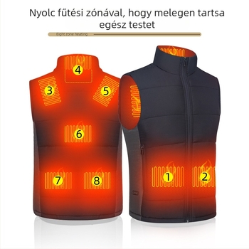 Felnőtteknek szánt elektromos fűtéses mellény állítható gallérral, pamut töltettel, poliészter külső anyaggal, egyenes szabású, szabadtéri szabadidőhöz