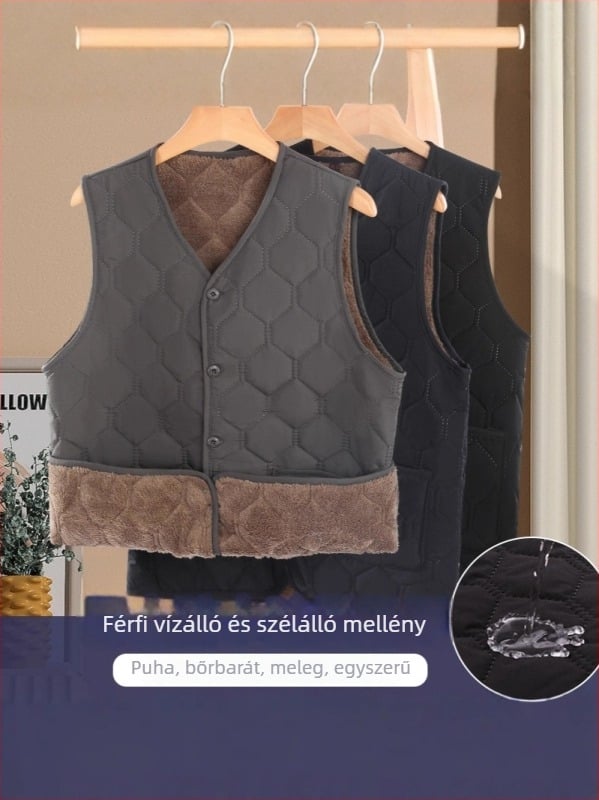 Középkorú és idősebb férfiak számára pamut bélelt mellény — szélálló, vastag, kapucni nélküli, laza szabás, 3D zsebek