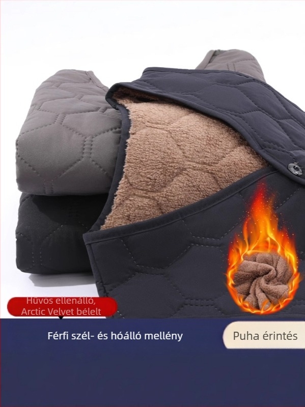Középkorú és idősebb férfiak számára pamut bélelt mellény — szélálló, vastag, kapucni nélküli, laza szabás, 3D zsebek
