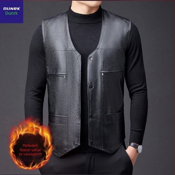 PU bőr mellény fleece béléses, szabad szabás, V-nyak, 80% poliészter tartalom