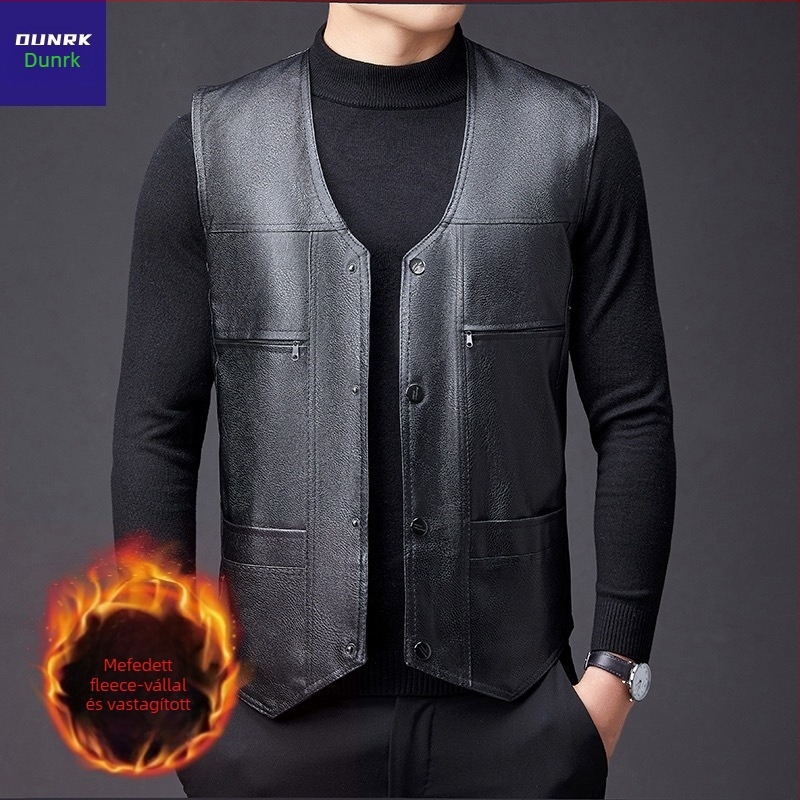 PU bőr mellény fleece béléses, szabad szabás, V-nyak, 80% poliészter tartalom