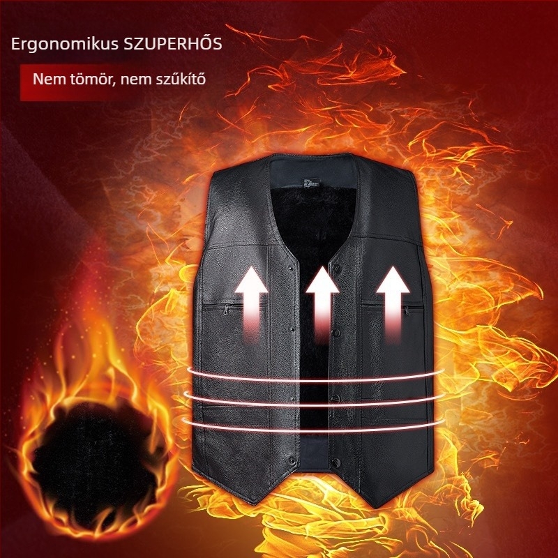 PU bőr mellény fleece béléses, szabad szabás, V-nyak, 80% poliészter tartalom