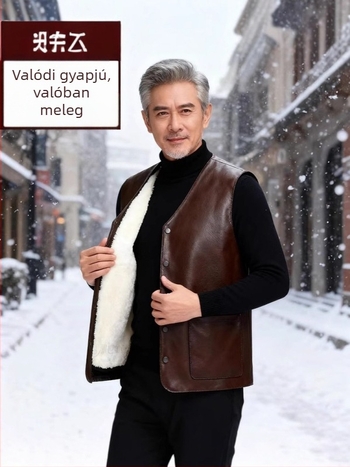 Új férfi valódi bőrből készült mellény prémes részletekkel és gyapjú bélésével, levehető belső bélés