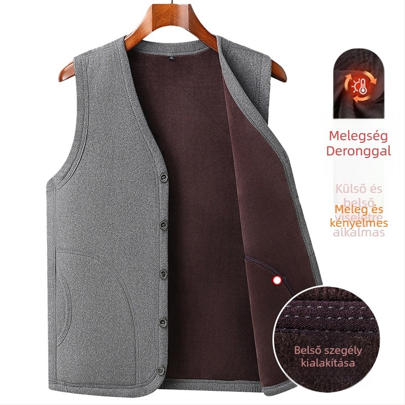 Őszi-téli férfi mellény fleece-béléssel, vastag töltéssel, gallér nélkül, egyszínű, oldalsó zsebek, poliészter