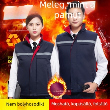 Téli munkavédelmi pamut mellény férfiaknak, vastag és meleg, fényvisszaverő csíkkal és nyomtatott felirattal