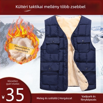Férfi pamut töltött mellény fleece-béléssel, több zsebbel, kapucni nélküli, külső és bélés poliészterből, egyenes szél