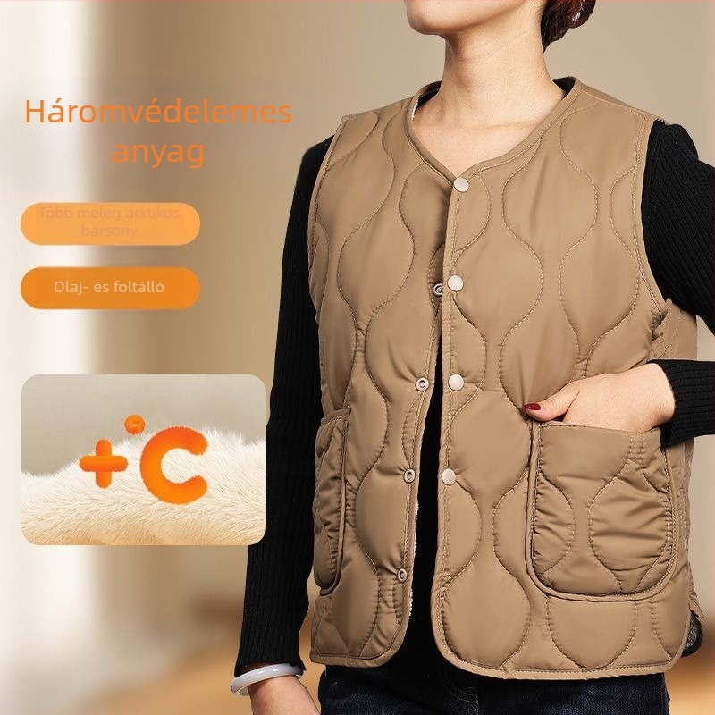 Női ujjatlan mellény fleece béléssel, V-nyakú, rayon anyag, poliészter töltet
