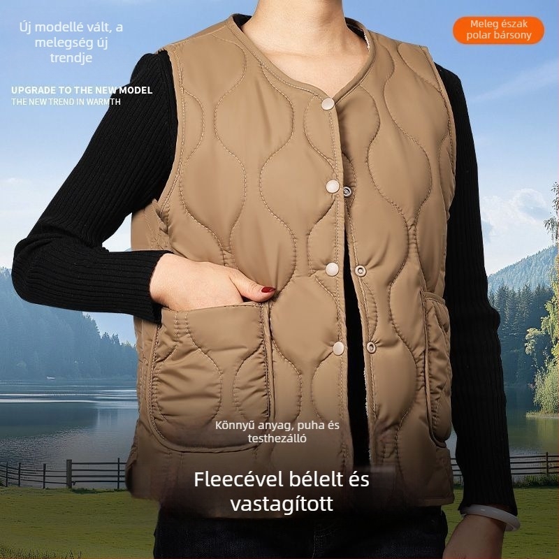 Női ujjatlan mellény fleece béléssel, V-nyakú, rayon anyag, poliészter töltet
