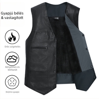 Férfi PU bőrből készült mellény fleece béléssel, szélvédett és meleg