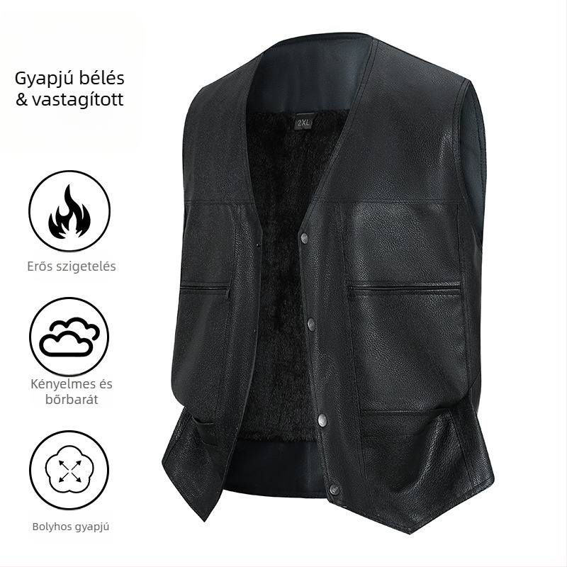 Férfi PU bőrből készült mellény fleece béléssel, szélvédett és meleg
