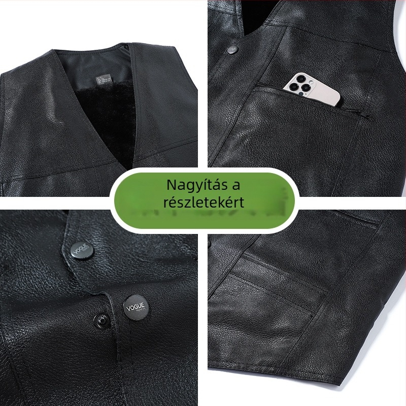 Férfi PU bőrből készült mellény fleece béléssel, szélvédett és meleg