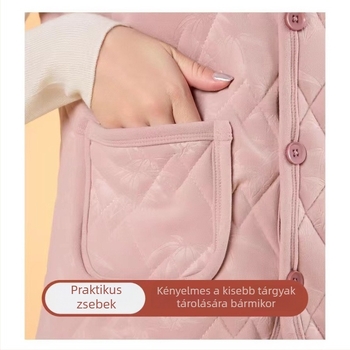Vastag meleg mellény, ujj nélküli, fleece béléssel, egyszerű gombolás, zsebek, virágminta, kínai retro stílus, domborított textúra