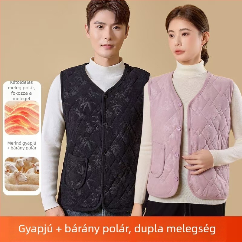Vastag meleg mellény, ujj nélküli, fleece béléssel, egyszerű gombolás, zsebek, virágminta, kínai retro stílus, domborított textúra