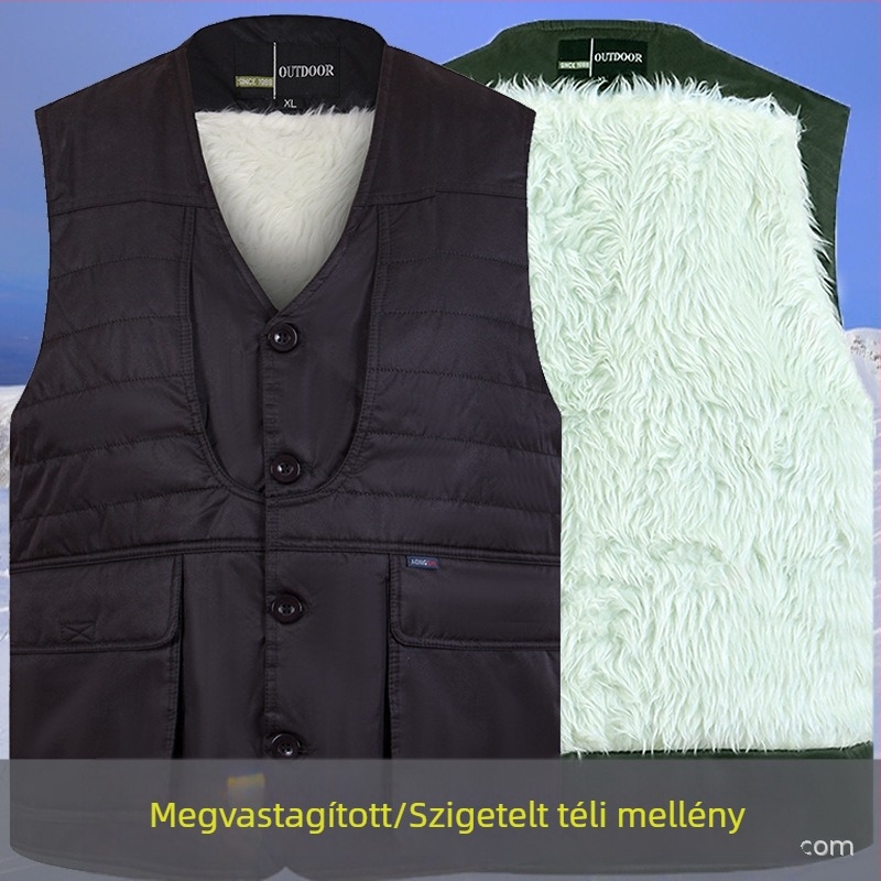 Férfi pamut töltött mellény fleece-béléssel, téli kültéri mellény, laza szabású, középhosszú