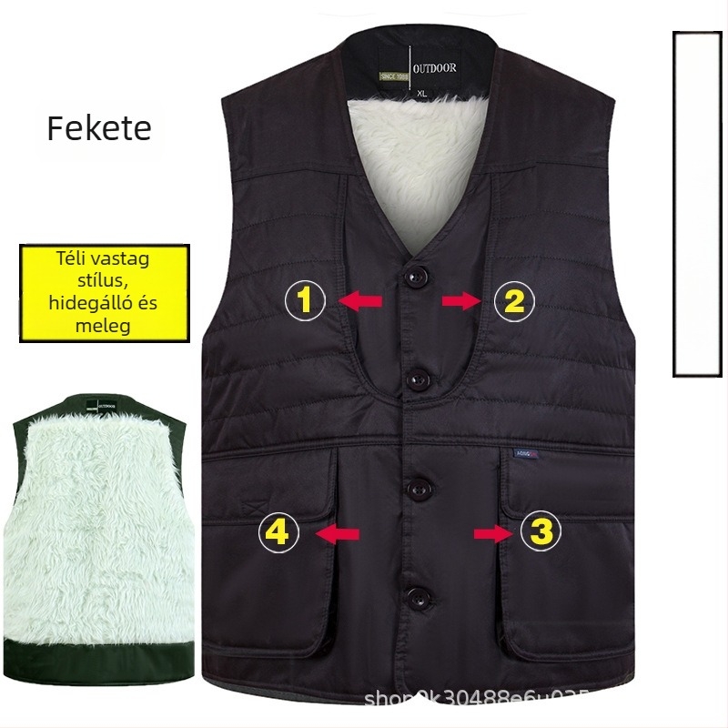 Férfi pamut töltött mellény fleece-béléssel, téli kültéri mellény, laza szabású, középhosszú