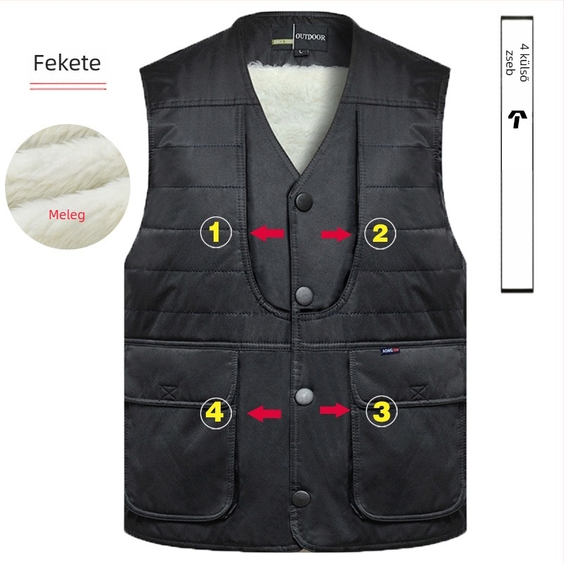 Férfi pamut töltött mellény fleece-béléssel, téli kültéri mellény, laza szabású, középhosszú