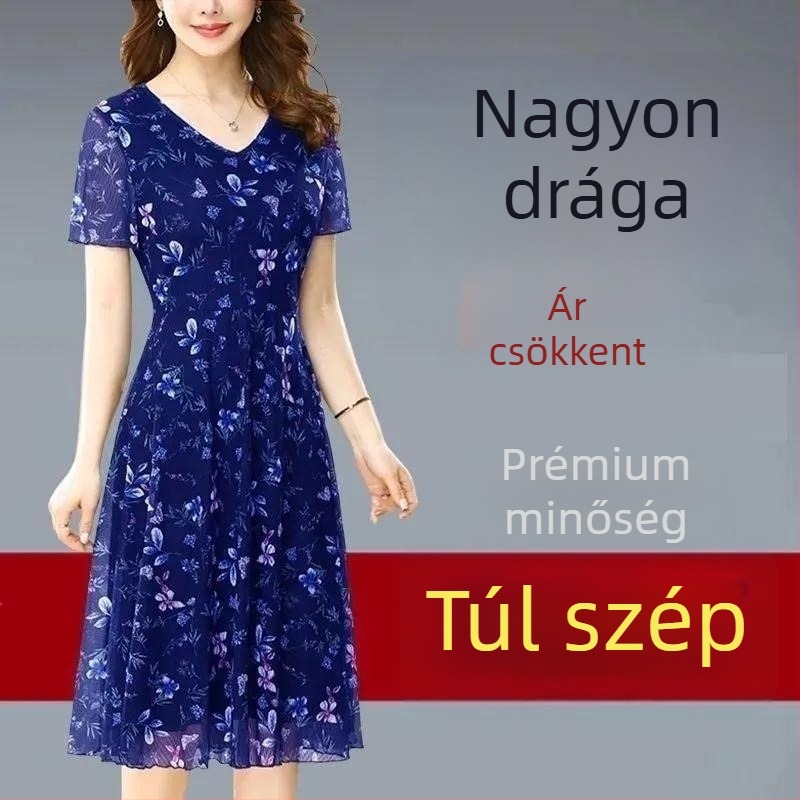 Virágos poliészter midi ruha V-nyakkal, rövid ujjú, magas derekú, A-vonalú sziluettel