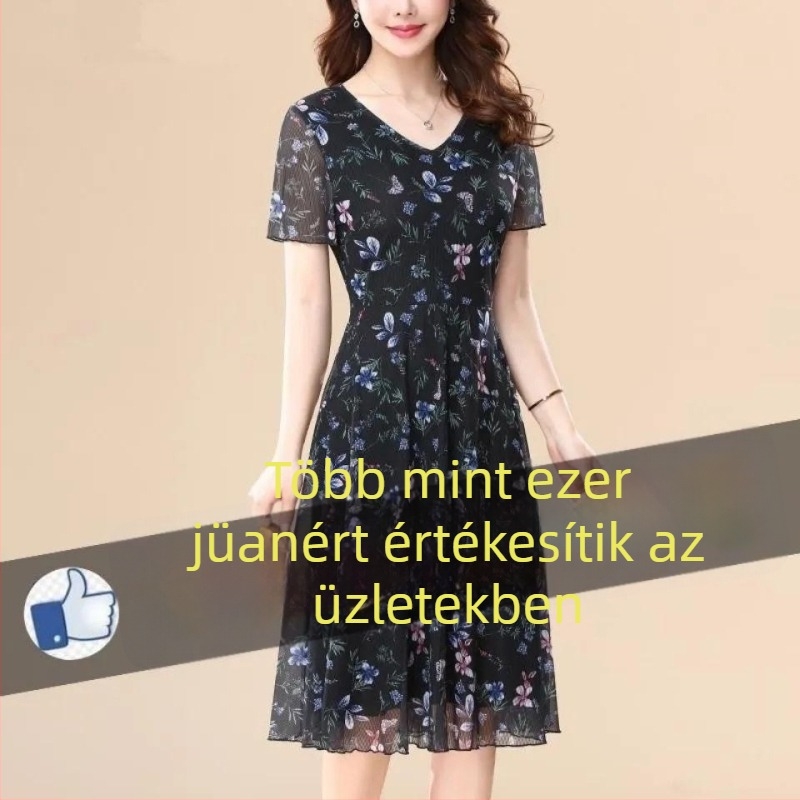 Virágos poliészter midi ruha V-nyakkal, rövid ujjú, magas derekú, A-vonalú sziluettel