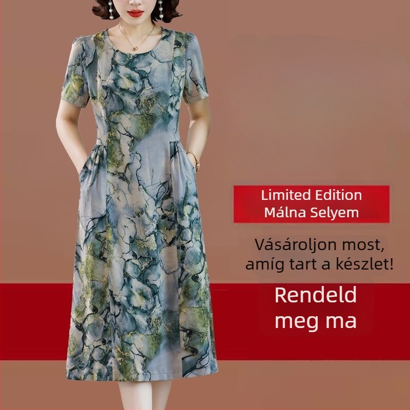 Vállpántos ruha, midi hossz, kerek nyakú, rövid ujjú, irodalmi retro stílus