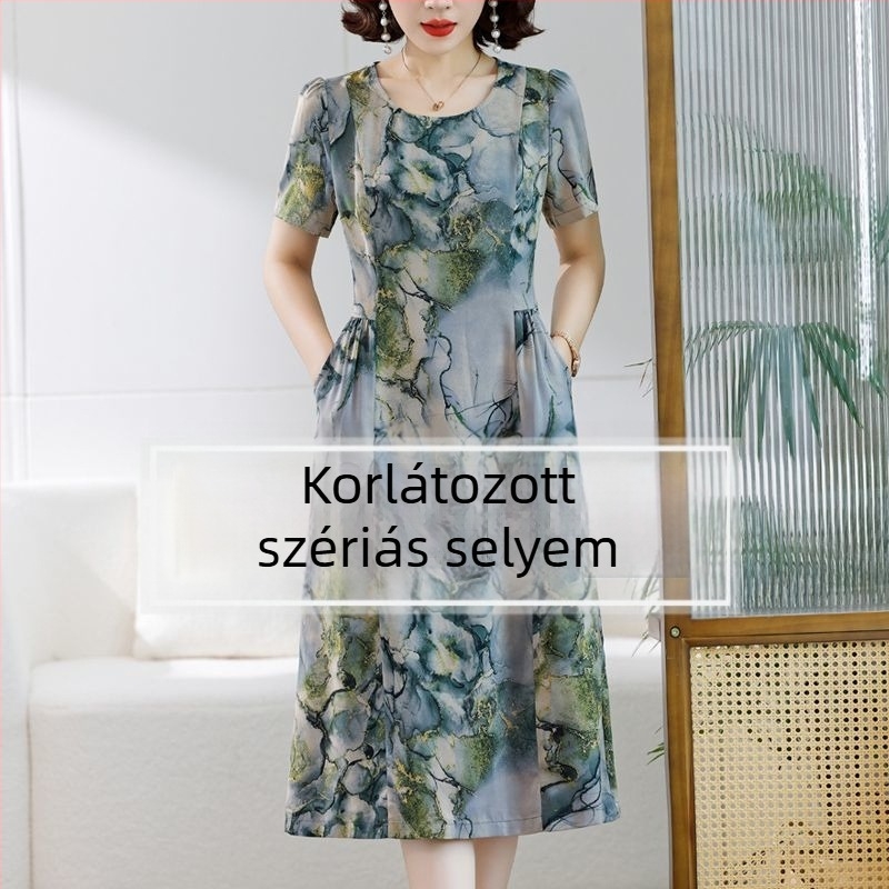 Vállpántos ruha, midi hossz, kerek nyakú, rövid ujjú, irodalmi retro stílus