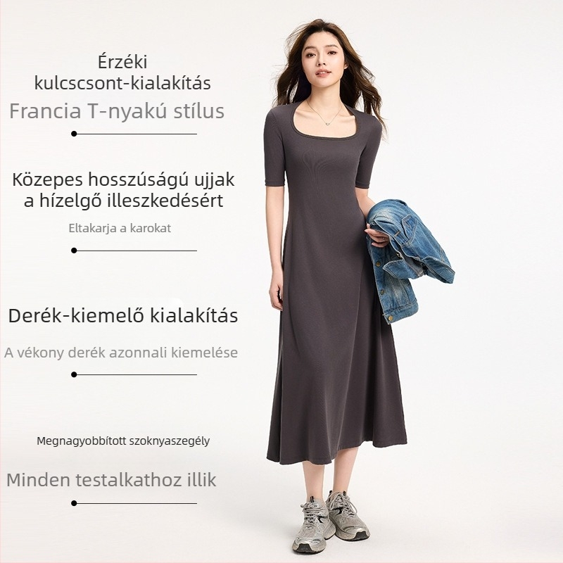 Hepburn női kis fekete ruha, 2026 nyár, plusz méret, derék szorítása, francia négyzetnyakú, karcsúsító hosszú ruha rövid ujjú