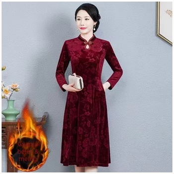 Téli fleece-béléssel bélelt ruha, midi hosszú, A-vonalú, magas nyakú, relief mintázat, meleg, esküvőre