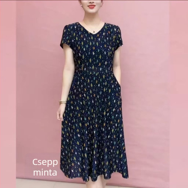 Nyári laza ruha középkorú nőknek, elegáns, pocakot takaró, midi hosszú, A-vonalú, V-nyakú, rövid ujjú, elasztikus derékrész