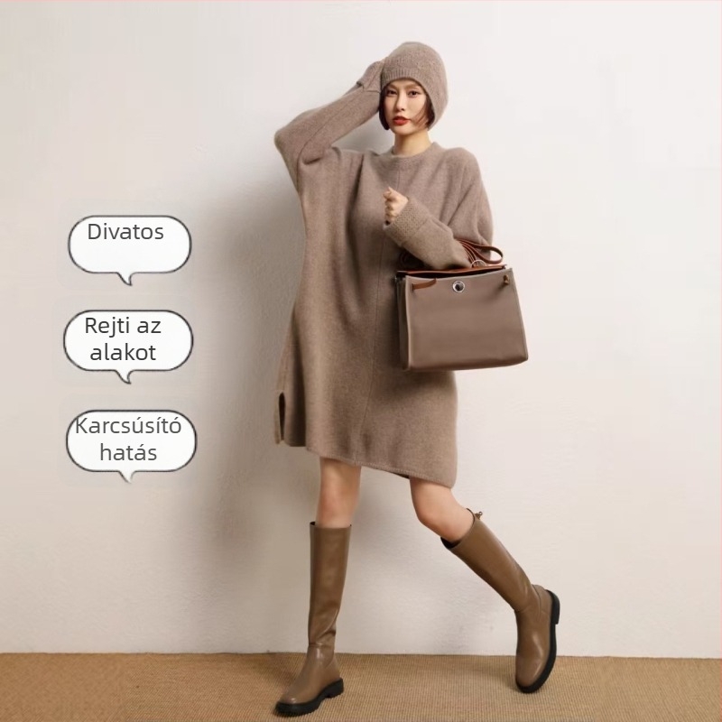 Női kasmír kötött ruha-sweater laza szabásban, hosszú, kerek nyakú, hasítékkal, 30–50% kasmír tartalom