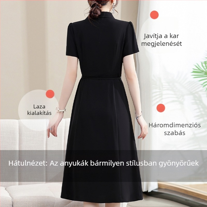 Nyári midi ruha érett nőknek, plisírozott szoknyával, hasfedő, V-nyakú, rövid ujjú, pull-over stílus