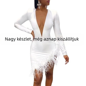 Tollas hálós paneles, szűk fazonú hosszú ujjú ruha V-nyakú kivágással