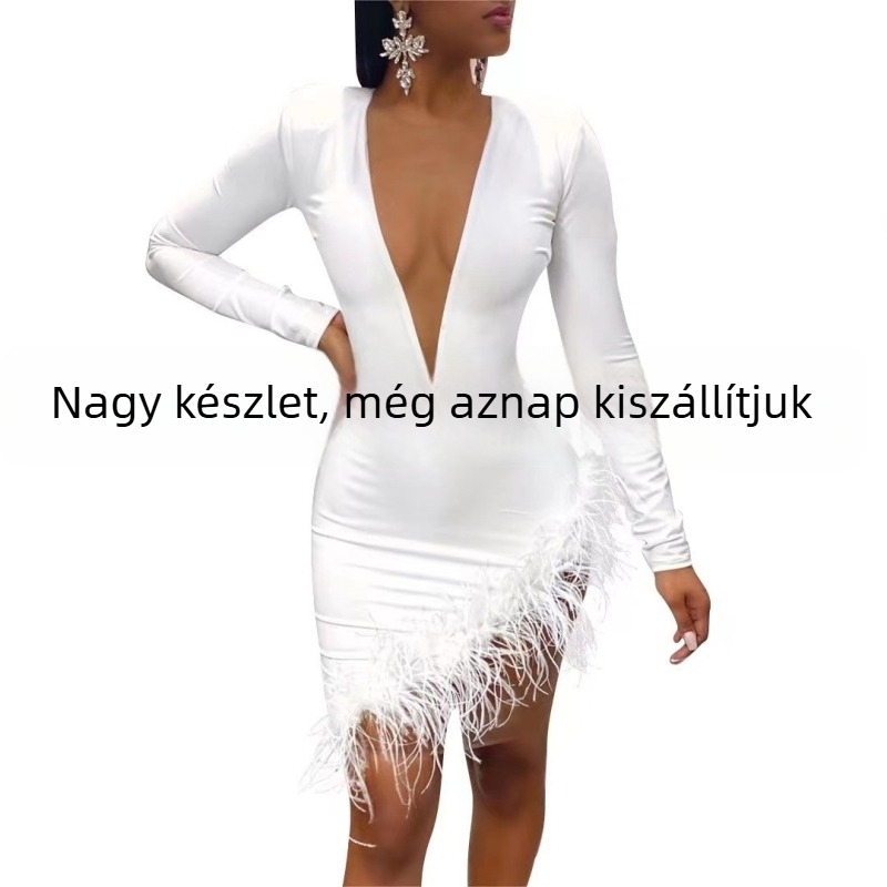 Tollas hálós paneles, szűk fazonú hosszú ujjú ruha V-nyakú kivágással