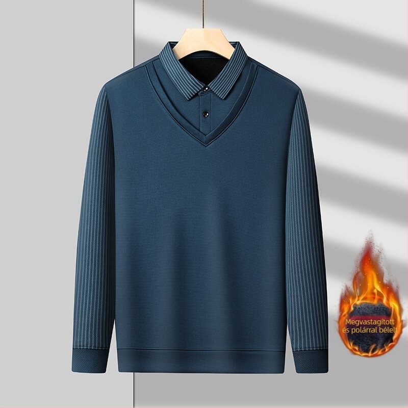 Téli férfi fleece-betétes póló, vast alapréteg, meleg hosszú ujjú felső