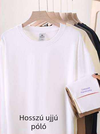 Pamut hosszú ujjú T-shirt, kerek nyak, laza szabás, 95% pamut vagy több, hossz 50–65 cm