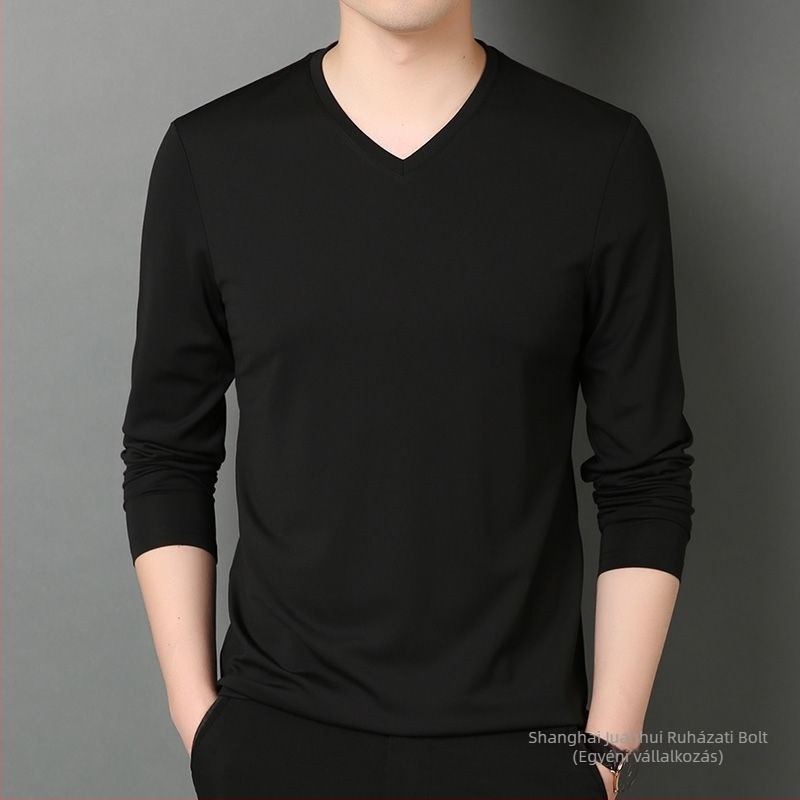 Férfi V-nyakú hosszú ujjú T-shirt, hűsítő pamutkeverékből, vékony, tavasz–őszre