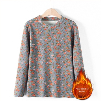 Meleg női T-shirt fleece belsővel, pulóver-stílus, hosszú ujjú, kerek nyak, laza szabás, 70–80% poliészter, téli 2024
