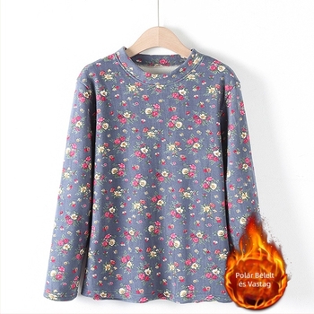 Meleg női T-shirt fleece belsővel, pulóver-stílus, hosszú ujjú, kerek nyak, laza szabás, 70–80% poliészter, téli 2024