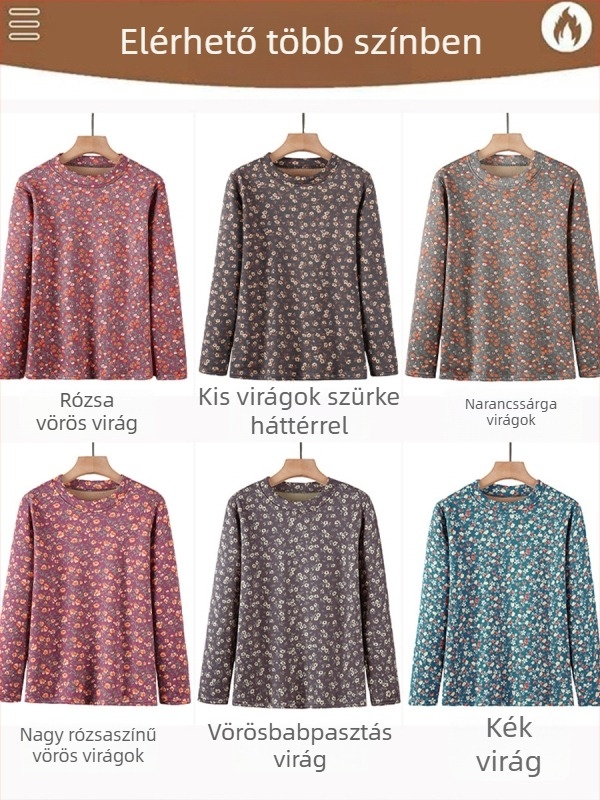 Női meleg belső réteg felső, hosszú ujjú, kerek nyakú, virágos mintázat, poliészter anyag (>95%)