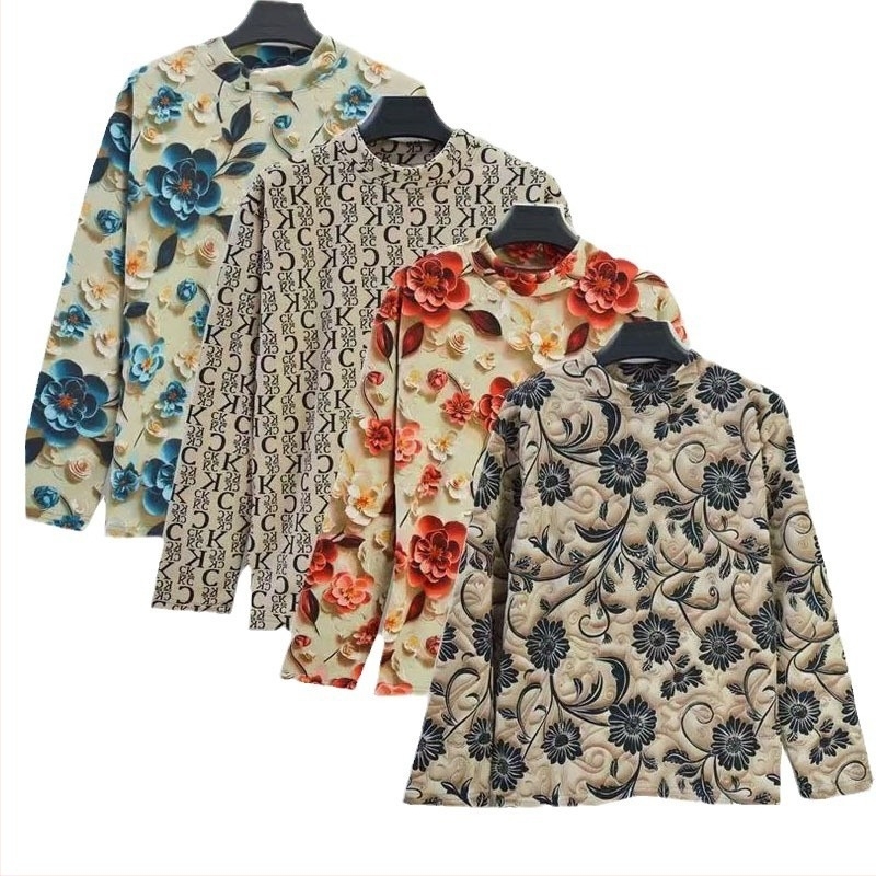 Női téli meleg póló fleece-béléssel, virágmintás, félmagas nyakú, laza szabás, hosszú ujjú