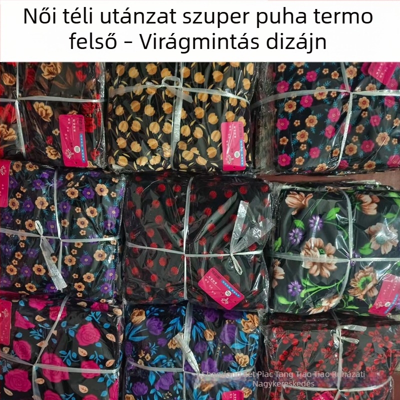 Női téli meleg póló fleece-béléssel, virágmintás, félmagas nyakú, laza szabás, hosszú ujjú