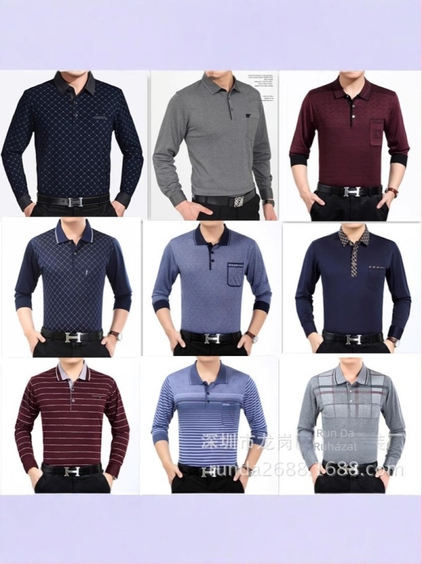 Férfi négy évszakos T-shirt galléros, hosszú ujjú, kockás-geometriai mintázat, pamut-keverék anyag, légáteresztő és nedvességelvezető
