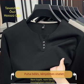 Férfi hosszú ujjú T-shirt, V-nyakú, laza szabás, pamutkeverék, tavasz 2025
