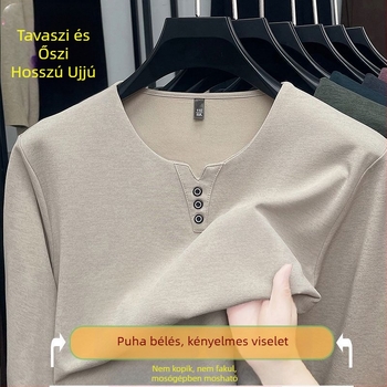 Férfi hosszú ujjú T-shirt, V-nyakú, laza szabás, pamutkeverék, tavasz 2025