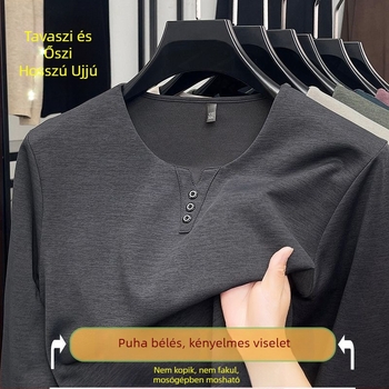 Férfi hosszú ujjú T-shirt, V-nyakú, laza szabás, pamutkeverék, tavasz 2025