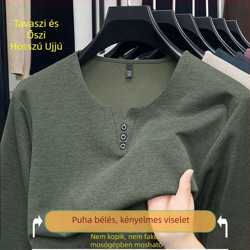 Férfi hosszú ujjú T-shirt, V-nyakú, laza szabás, pamutkeverék, tavasz 2025