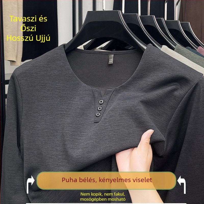 Férfi hosszú ujjú T-shirt, V-nyakú, laza szabás, pamutkeverék, tavasz 2025